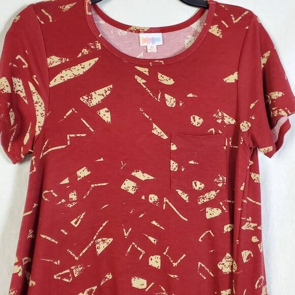 LuLaRoe XS Carly Swing Dress Red Yellow Abstract Print Short Sleeve High-Low Hem - Picture 2 of 6